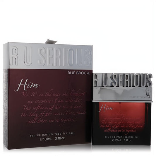 Elegant R U Serious Him by Rue Broca 3.4 oz Eau De Parfum for men. Features a rich burgundy bottle with a bold silver cap and matching box.
