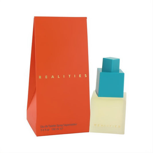 Discover REALITIES Liz Claiborne 3.4 oz EDT spray. Modern frosted bottle with unique turquoise stacked cap and vibrant orange box.