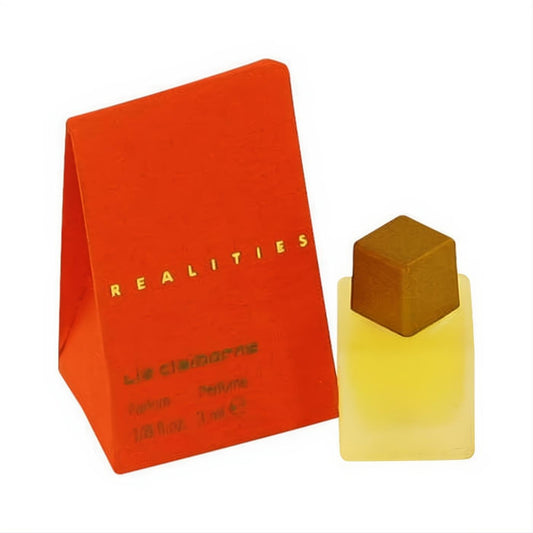Liz Claiborne Realities mini perfume: frosted glass bottle with yellow liquid, brown cap, and vibrant orange box.