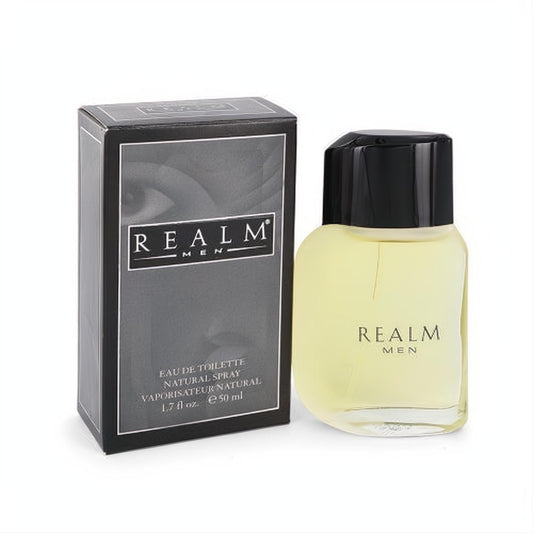 REALM by Erox 1.7 oz men's Eau De Toilette. Elegant clear glass bottle with golden fragrance, sleek black cap, and matching black & grey box.