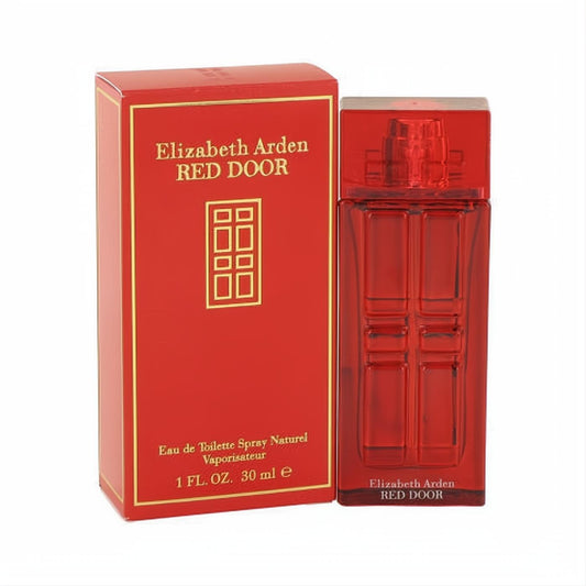 Elegant Elizabeth Arden Red Door 1 oz EDT spray in a vibrant red and gold box with a sleek matching glass bottle.
