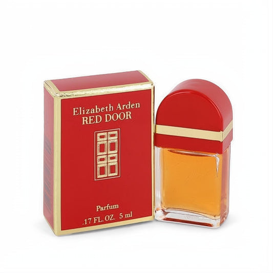 Elizabeth Arden Red Door .17 oz mini parfum. Distinctive red arched cap, clear glass bottle, and gold-trimmed box.