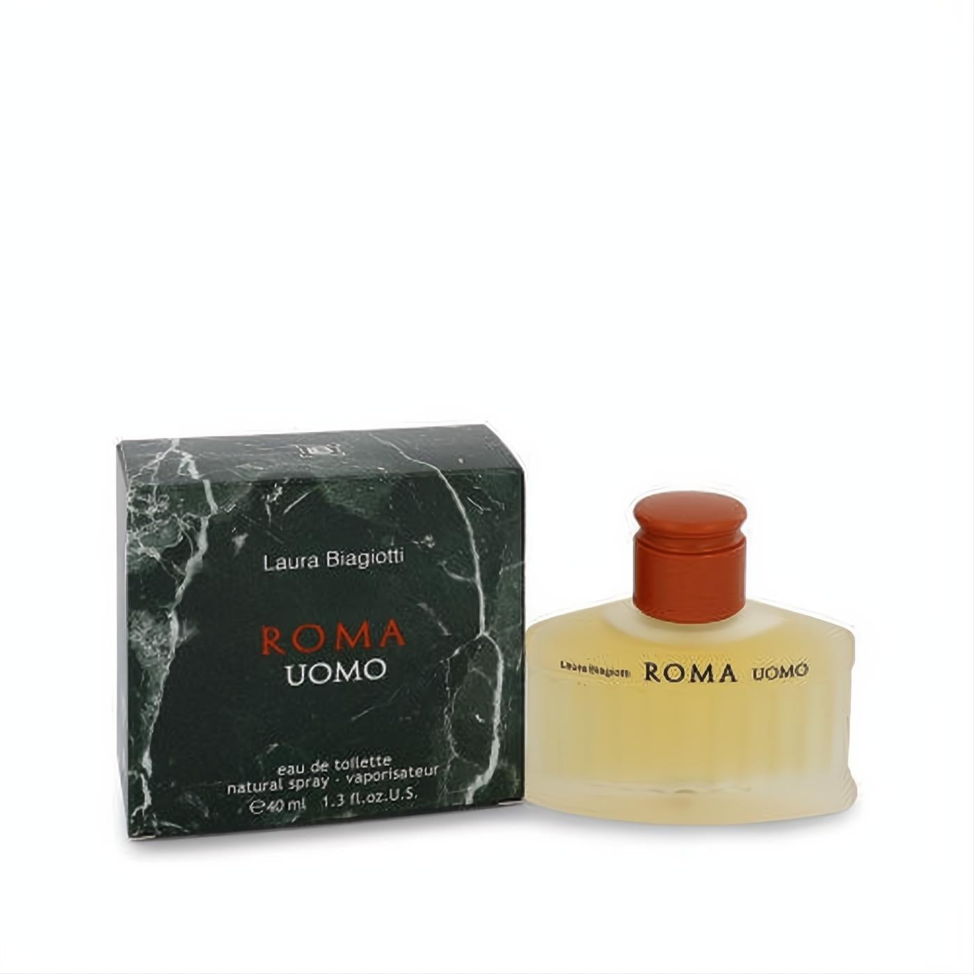 Elevate your style with Laura Biagiotti ROMA UOMO 1.3 oz EDT. Frosted glass bottle, orange cap, and a striking dark green marble box.