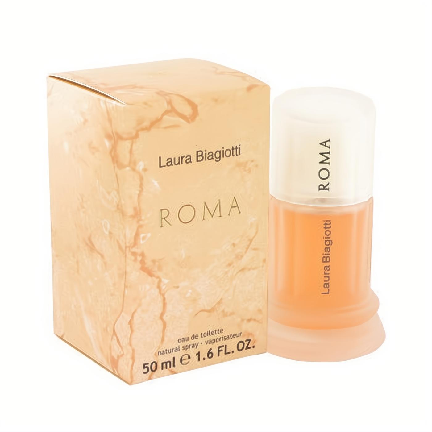 Laura Biagiotti ROMA 1.6 oz EDT spray. Elegant frosted peach bottle and classic beige marble box.