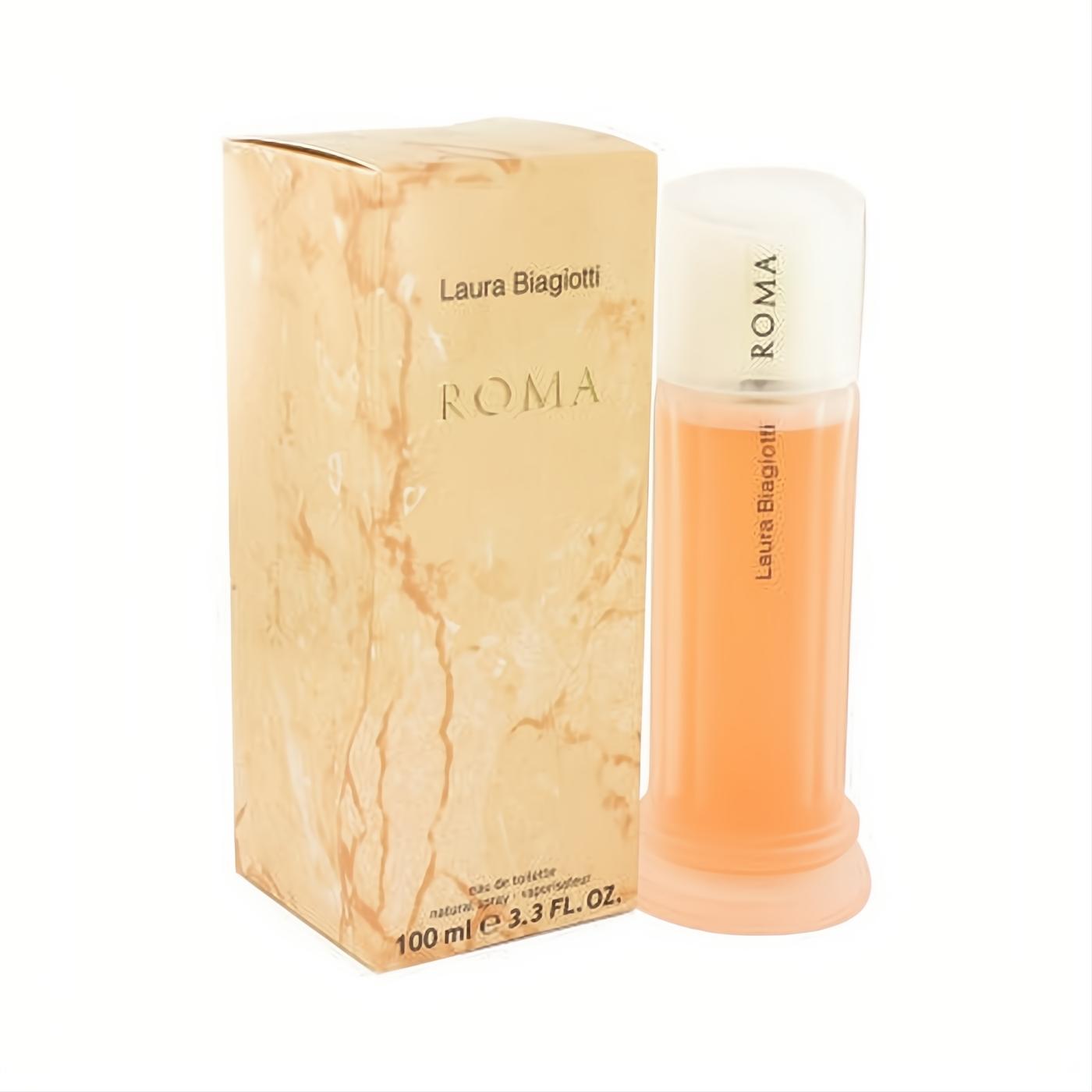 Discover Laura Biagiotti ROMA 3.3 oz Eau De Toilette. Elegant peach bottle and classic marble box for a timeless feminine fragrance.