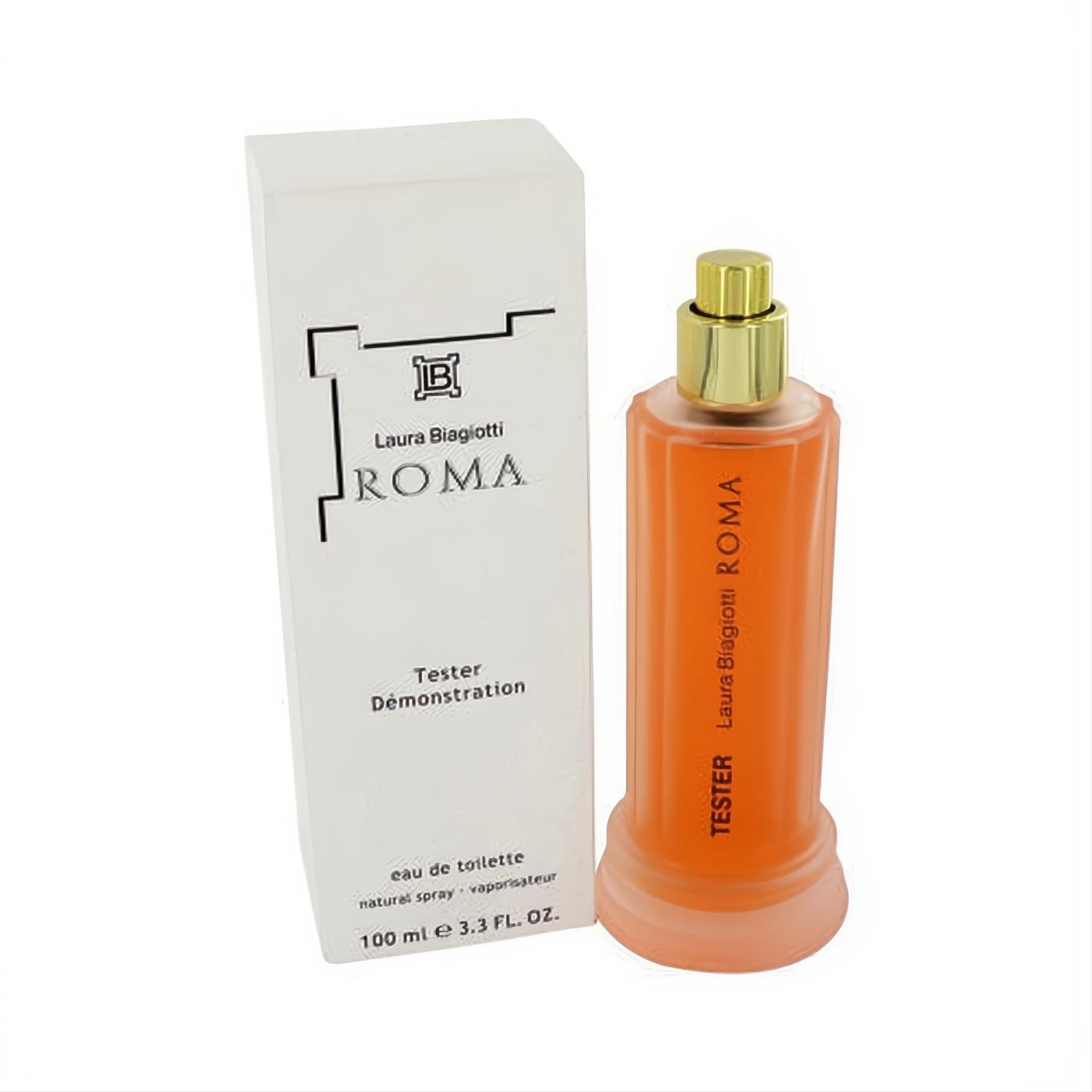 Laura Biagiotti ROMA 3.4 oz EDT tester. Vibrant orange bottle, luxurious gold cap, and white 'Tester' box.