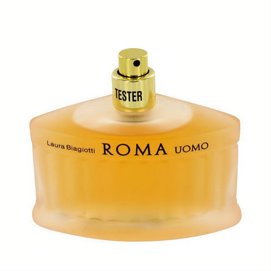 Laura Biagiotti ROMA UOMO 4.2 oz EDT tester. Distinctive frosted amber bottle with gold sprayer and 'TESTER' label.