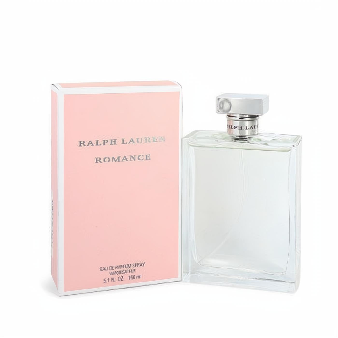 Ralph Lauren Romance 5.1 oz EDP spray in a sleek clear glass bottle, beside its elegant pink box with silver details.