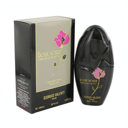 Sleek black ROSE NOIRE by Giorgio Valenti Parfum De Toilette 3.3 oz bottle and box with elegant pink rose.