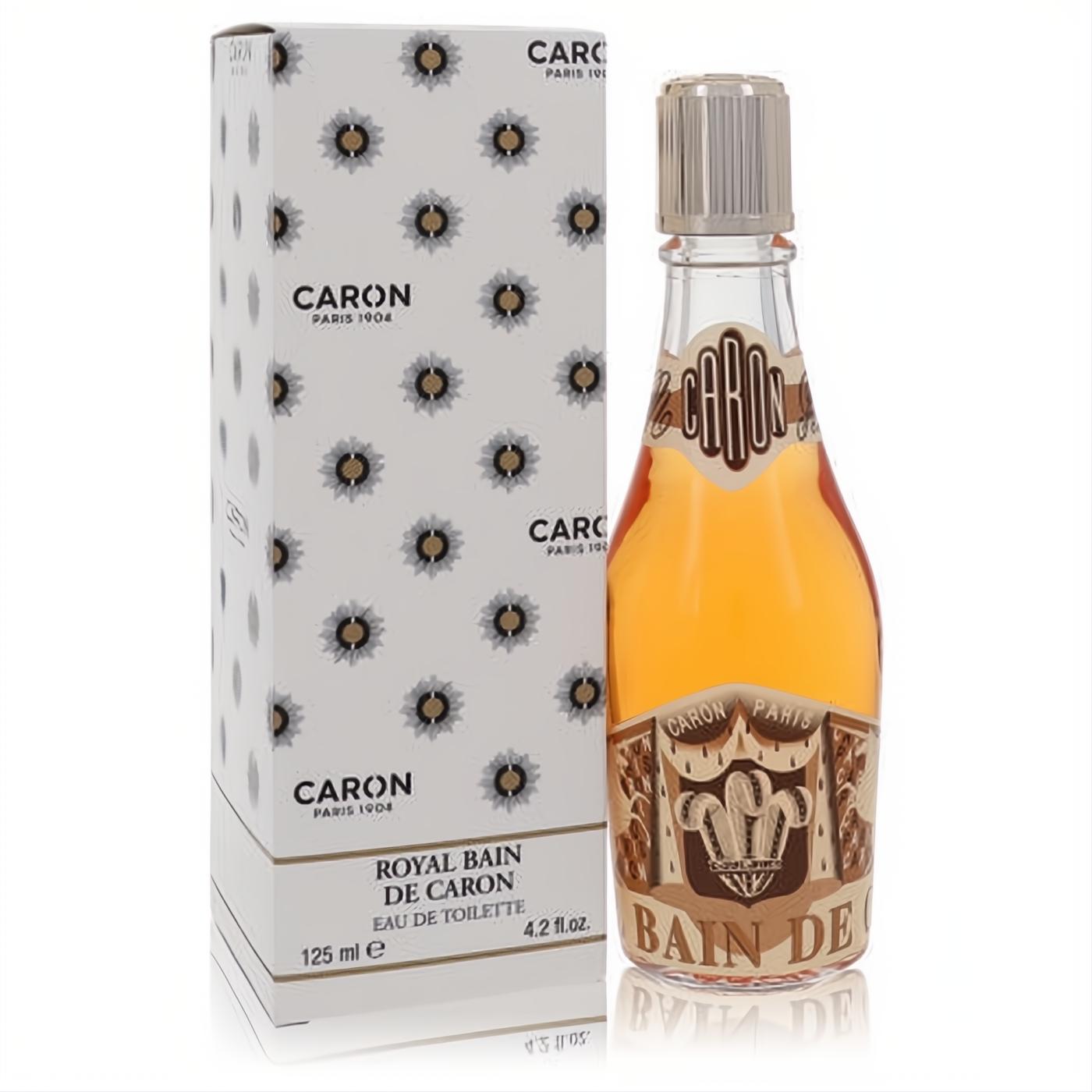 Caron Royal Bain De Caron EDT, 4.2 fl.oz. Amber fragrance in a classic champagne bottle with ornate gold label and elegant white patterned box.