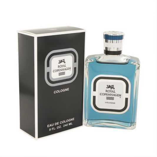 Classic Royal Copenhagen 8 oz cologne: vibrant blue liquid in a glass bottle with silver cap and logo, beside its sophisticated black box.