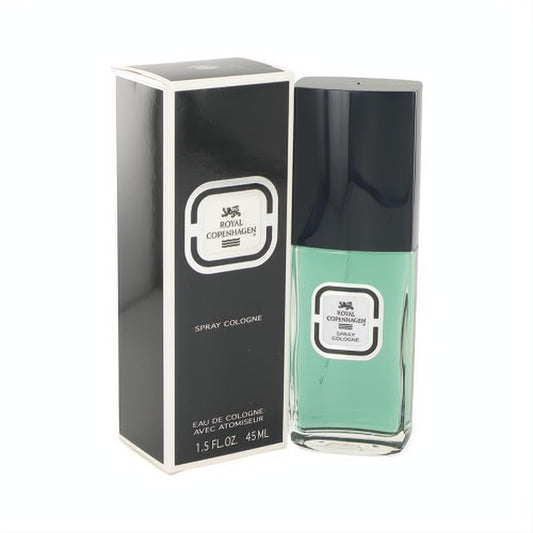 Royal Copenhagen 1.5 oz cologne spray: clear bottle with refreshing green liquid, sleek black cap, and classic black & white box.