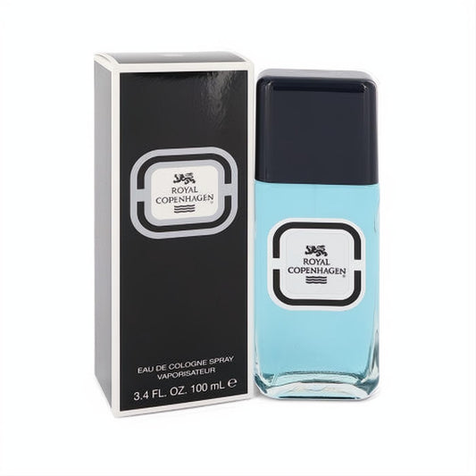 Royal Copenhagen 3.4 oz cologne spray. Light blue fragrance in a sleek glass bottle with dark blue cap, beside its elegant black box.