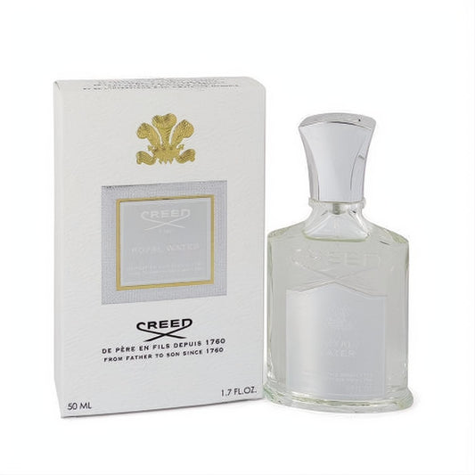 Elegant Creed Royal Water 1.7 oz Millesime spray in clear glass bottle with silver cap and white box featuring gold logo. Refreshing scent.