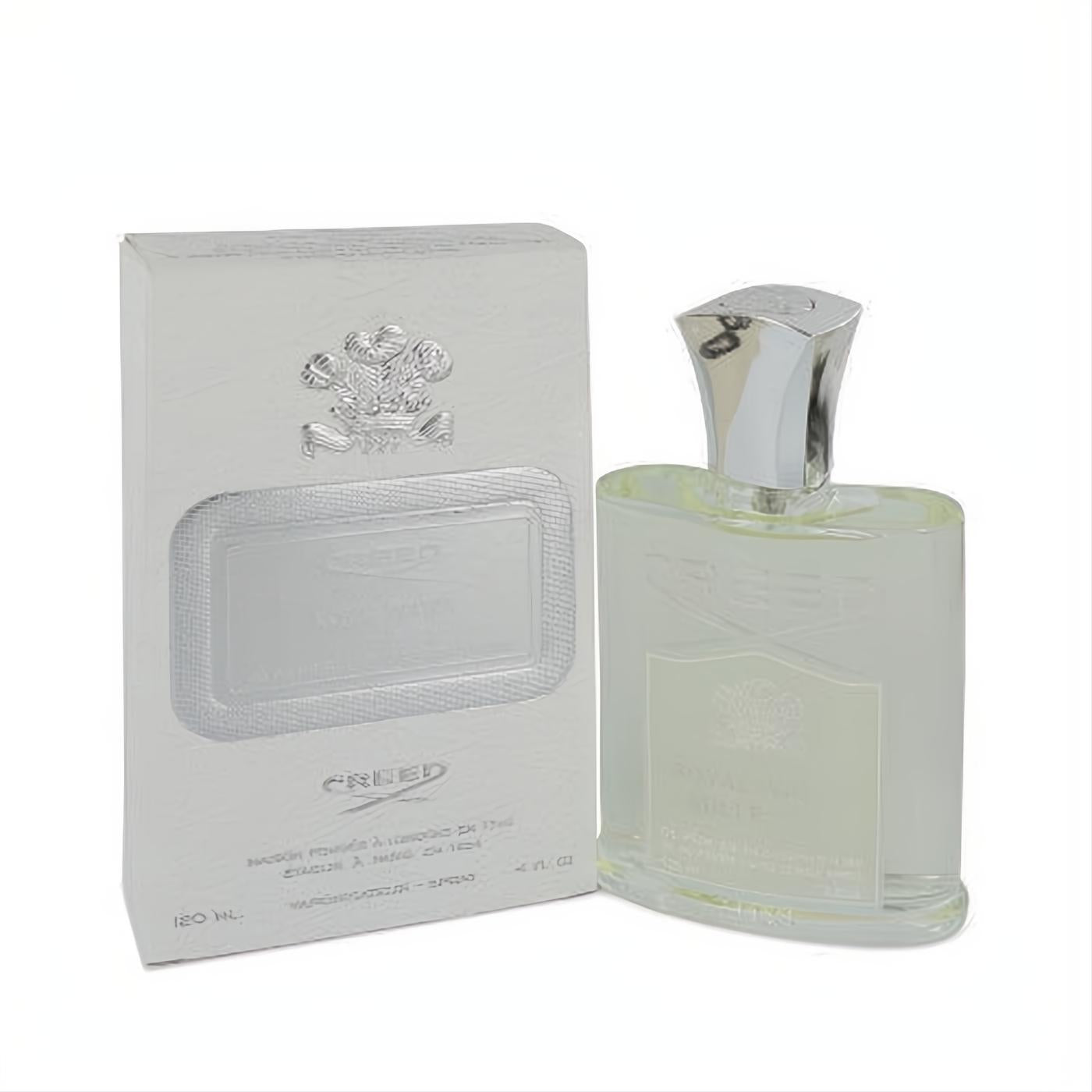Creed Royal Water 4 oz Millesime spray. Clear glass bottle with silver cap and white embossed box, exuding luxury and elegance.