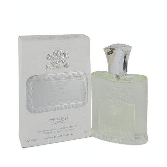 Creed Royal Water 4 oz Millesime spray. Clear glass bottle with silver cap and white embossed box, exuding luxury and elegance.