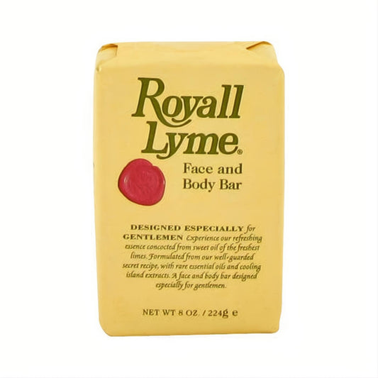 Royall Lyme 8 oz face and body bar soap in classic yellow packaging, with elegant green text and a distinctive red wax seal.