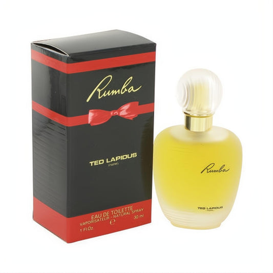 Exquisite RUMBA by Ted Lapidus 1 oz Eau De Toilette spray. Features a luxurious frosted gold bottle and a stylish black box with red bow.