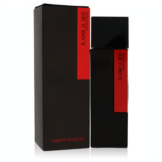 Radikal Iris 3.4 oz unisex Extrait de Parfum. Sleek black bottle & box with bold red label for a luxurious fragrance.