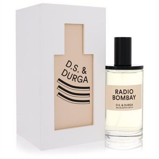 D.S. & Durga Radio Bombay 100ml unisex eau de parfum. Clear glass bottle with peach label, black cap, and white branded box.