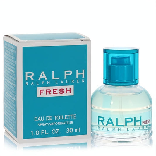 Ralph Fresh by Ralph Lauren 1 oz Eau De Toilette. Clear bottle with teal cap and matching box, featuring blue and red branding.