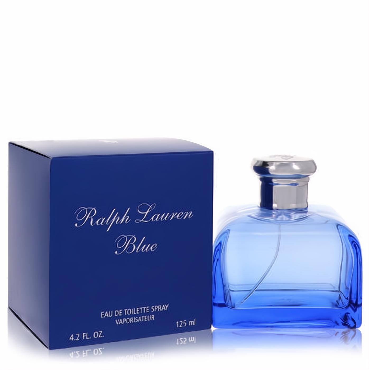 Ralph Lauren Blue 4.2 oz Eau De Toilette spray in an elegant blue glass bottle with a silver cap, displayed with its signature dark blue box.