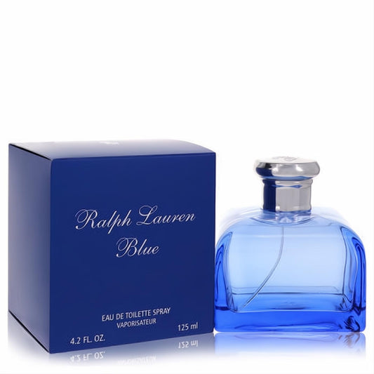 Ralph Lauren Blue 4.2 oz Eau De Toilette spray in an elegant blue glass bottle with a silver cap, displayed with its signature dark blue box.