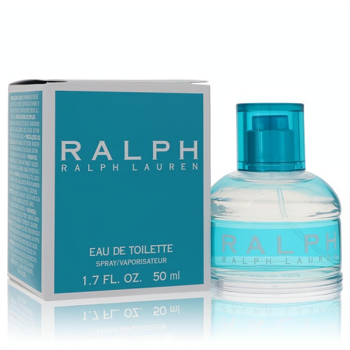 Ralph by Ralph Lauren 1.7 oz Eau De Toilette. Clear glass bottle with vibrant blue cap and label, beside a matching teal box.