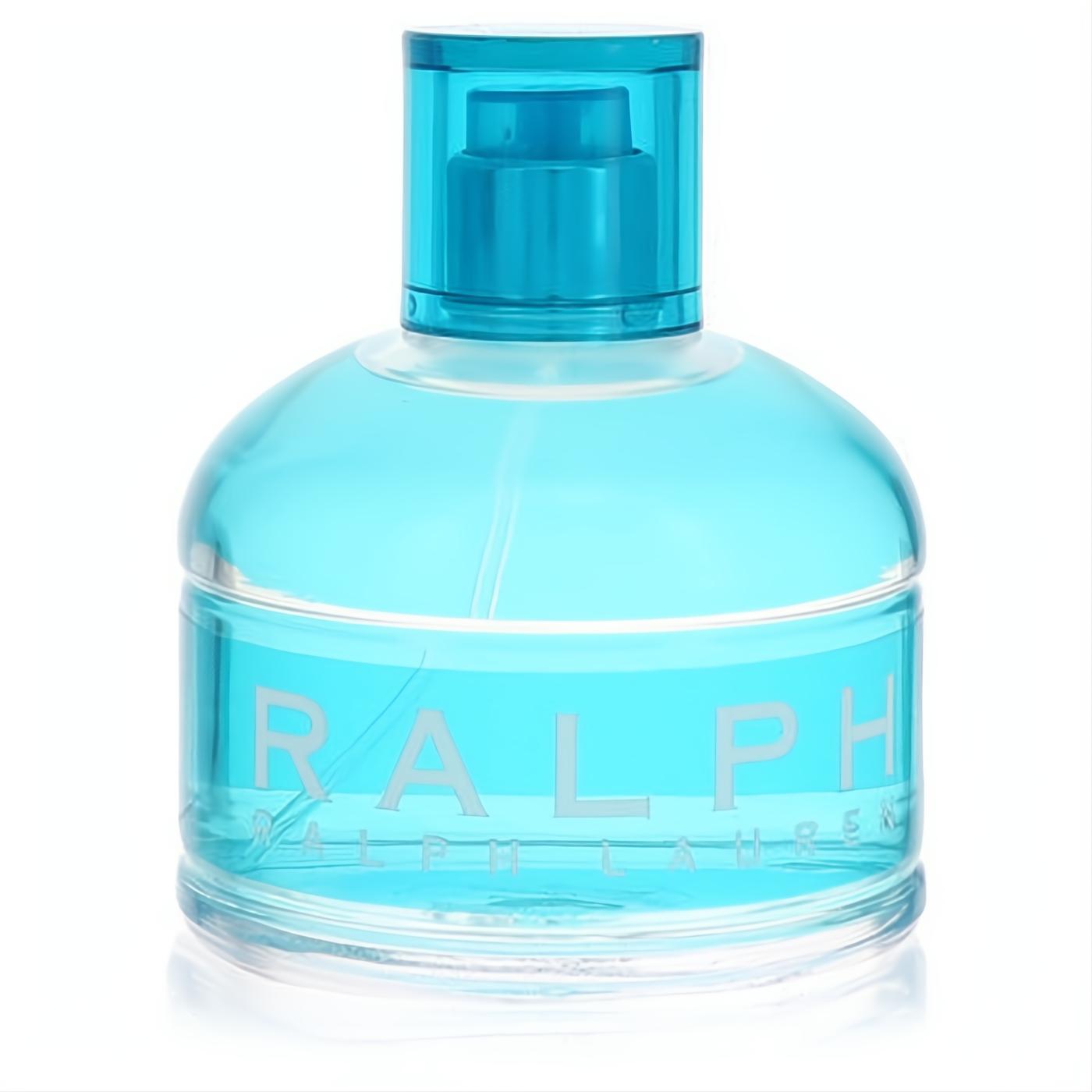 Ralph by Ralph Lauren 3.4 oz EDT tester. Clear bottle with vibrant aqua blue liquid, matching cap, and bold 'RALPH' logo.