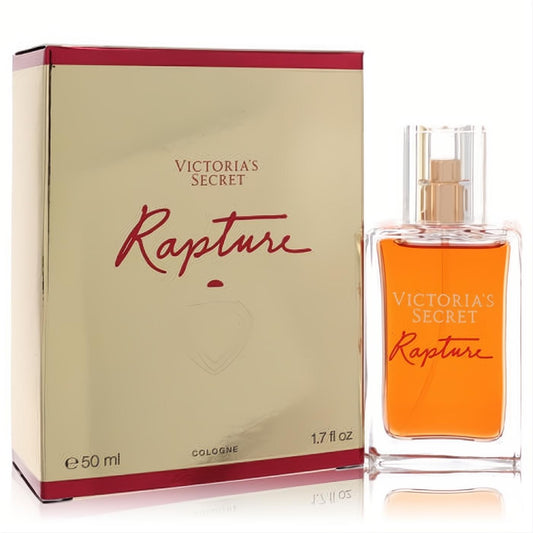 Amber-hued Victoria's Secret Rapture 1.7 oz cologne in a sleek glass bottle, displayed with its opulent gold and red packaging.