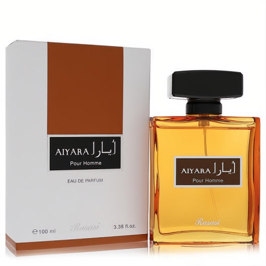 Rasasi Aiyara men's Eau De Parfum, 3.38 oz, in a rectangular amber glass bottle with a black cap, displayed with its white and brown box.