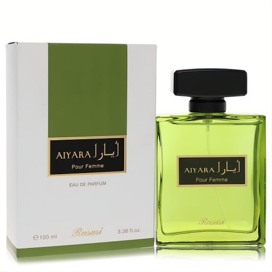 Rasasi Aiyara women's 3.38 oz Eau De Parfum. Vibrant lime green bottle, sleek black cap, and elegant white & green box.