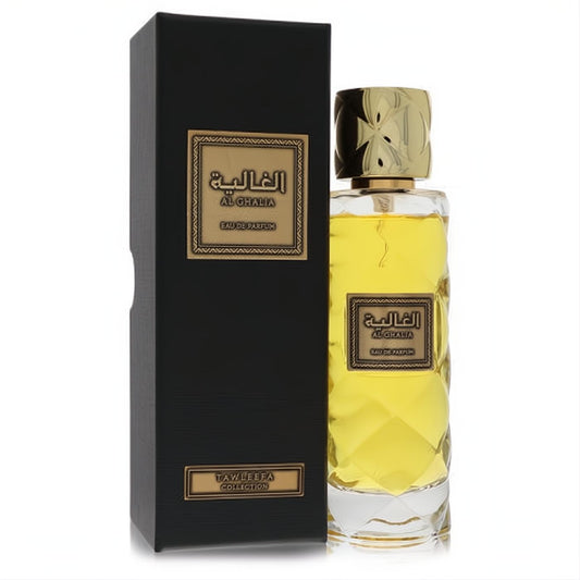 Luxurious Rasasi Al Ghalia Tawleefa unisex Eau De Parfum. Clear faceted bottle, golden liquid, ornate gold cap, and elegant black box.