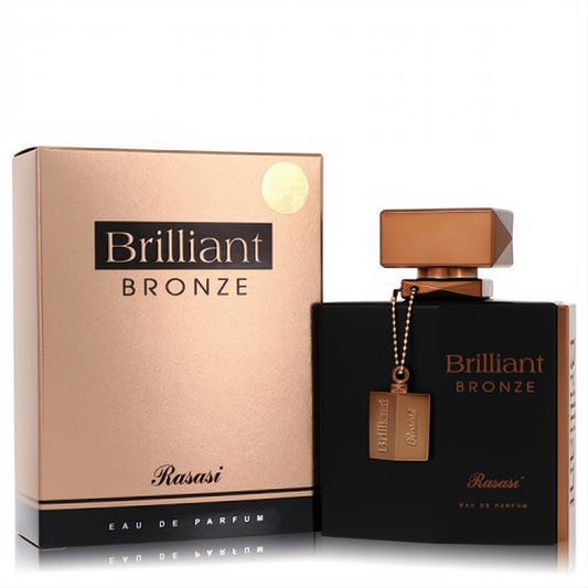 Stunning Rasasi Brillant Bronze 3.3 oz unisex EDP. Luxurious black bottle with bronze cap, chain, and matching elegant box.