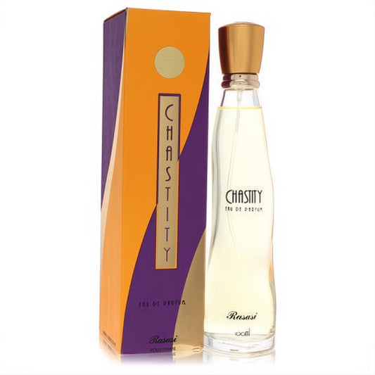 Chic Rasasi Chastity 100ml Eau De Parfum. Clear curved bottle, luxurious gold cap, vibrant orange and purple box.