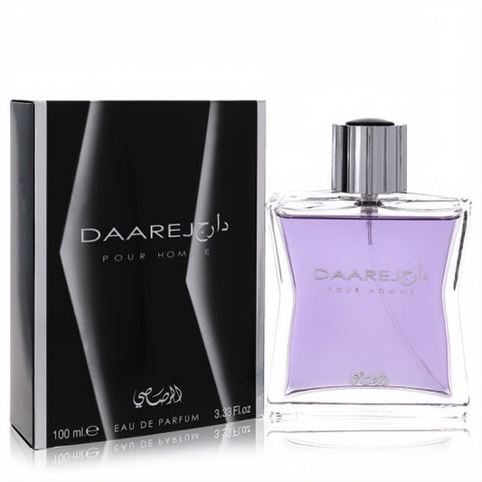 Rasasi Daarej Pour Homme 3.33 oz EDP. Captivating purple fragrance in a unique curved glass bottle with a silver cap, beside its sleek black box.
