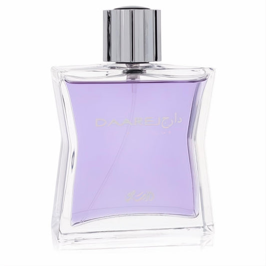 Rasasi Daarej men's EDP in a distinctive curved clear glass bottle with alluring lavender fragrance and a polished silver cap.