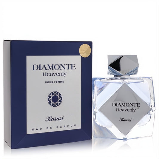 Rasasi Diamonte Heavenly Eau De Parfum. Luxurious faceted clear glass bottle, silver label, geometric chrome cap, and elegant dark blue box.