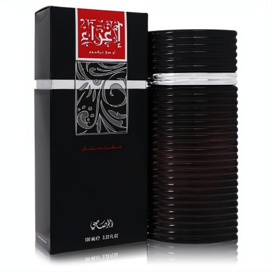 Rasasi Egra men's 3.4 oz EDP. Elegant dark ridged bottle with silver accent, showcased in a sophisticated black box.