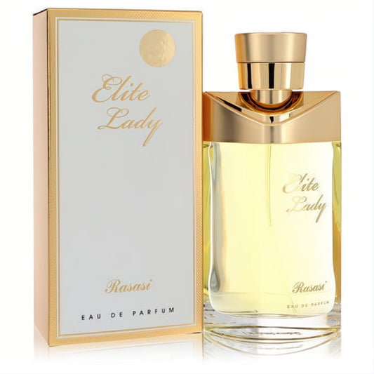 Rasasi Elite Lady 3.3 oz EDP spray. Elegant clear bottle with radiant gold cap, displayed with its luxurious white and gold box.