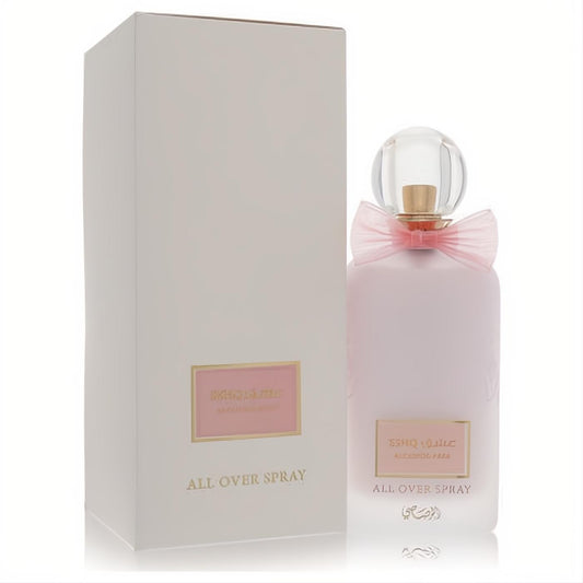Elegant Rasasi Eshq 3.38 oz unisex EDP spray. Matte pink bottle with clear cap, gold neck, delicate bow, and chic beige box.