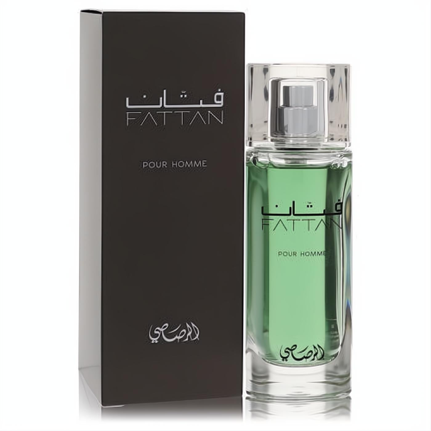 Sophisticated Rasasi Fattan Pour Homme men's EDP. Clear glass bottle with vibrant green fragrance and sleek matte black box.