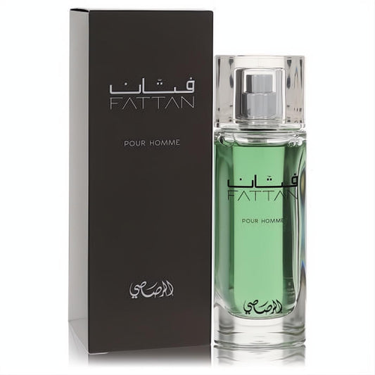 Sophisticated Rasasi Fattan Pour Homme men's EDP. Clear glass bottle with vibrant green fragrance and sleek matte black box.