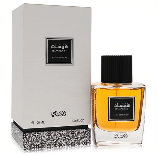 Rasasi Hamasaat men's Eau De Parfum 100ml. Clear glass bottle with rich amber fragrance, black cap, and elegant white box.