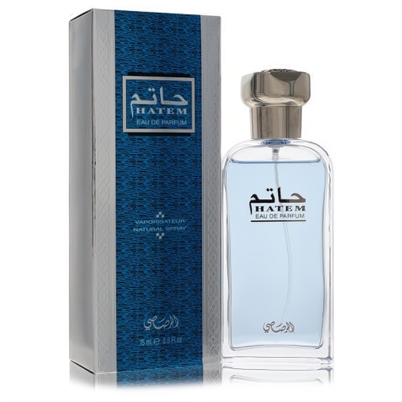 Elevate your style with Rasasi Hatem 2.5 oz men's Eau De Parfum. Light blue glass bottle, sleek silver cap, and elegant silver/blue box.