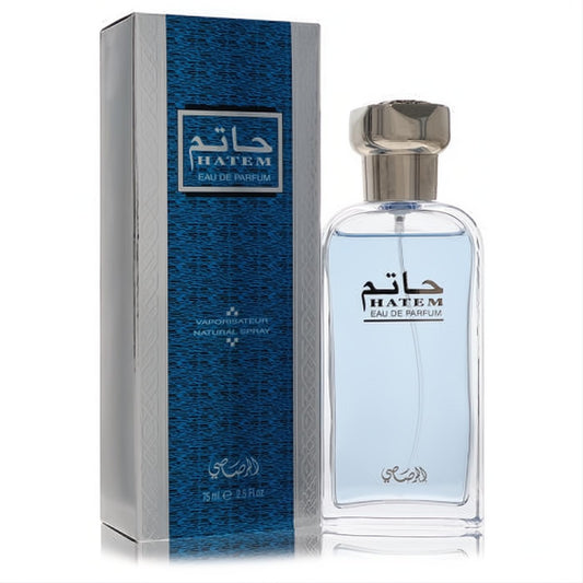 Elevate your style with Rasasi Hatem 2.5 oz men's Eau De Parfum. Light blue glass bottle, sleek silver cap, and elegant silver/blue box.
