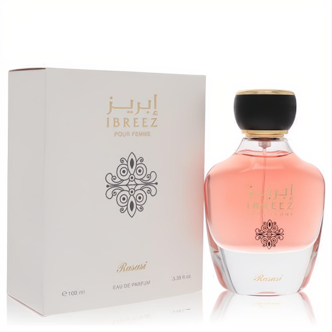 Luxurious Rasasi Ibreez 3.38 oz women's Eau De Parfum. Pink liquid bottle with frosted white base, black & gold cap, and elegant white box.