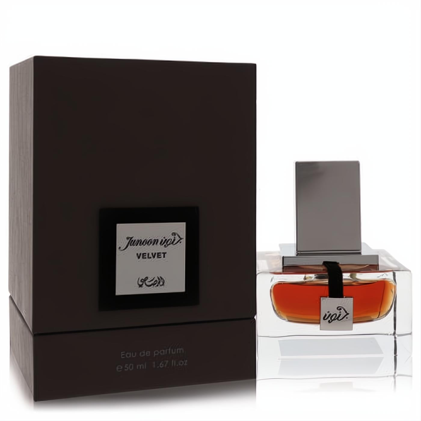 Experience Rasasi Junoon Velvet 1.67 oz men's Eau de Parfum. Luxurious dark box and clear bottle with rich amber liquid, sleek metallic cap.