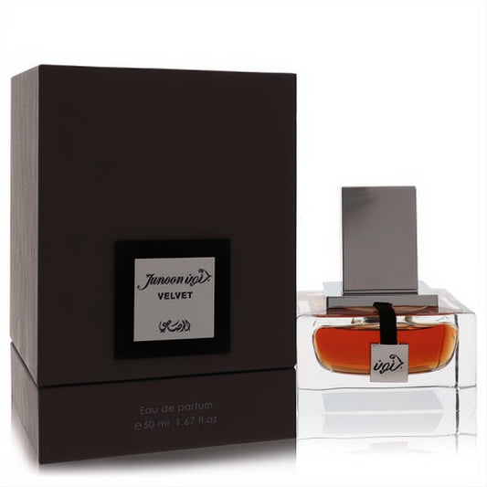 Experience Rasasi Junoon Velvet 1.67 oz men's Eau de Parfum. Luxurious dark box and clear bottle with rich amber liquid, sleek metallic cap.