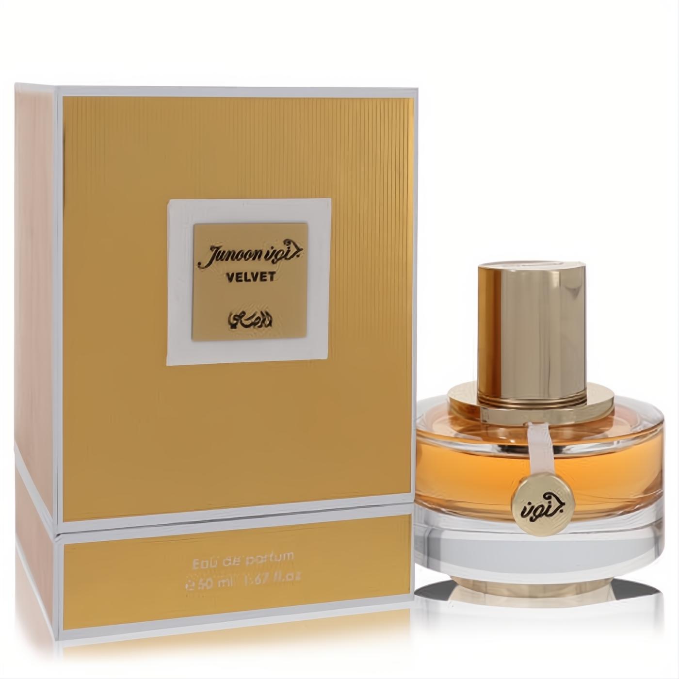 Rasasi Junoon Velvet 1.67 oz Eau De Parfum. Luxurious gold box and elegant clear glass bottle with amber fragrance.